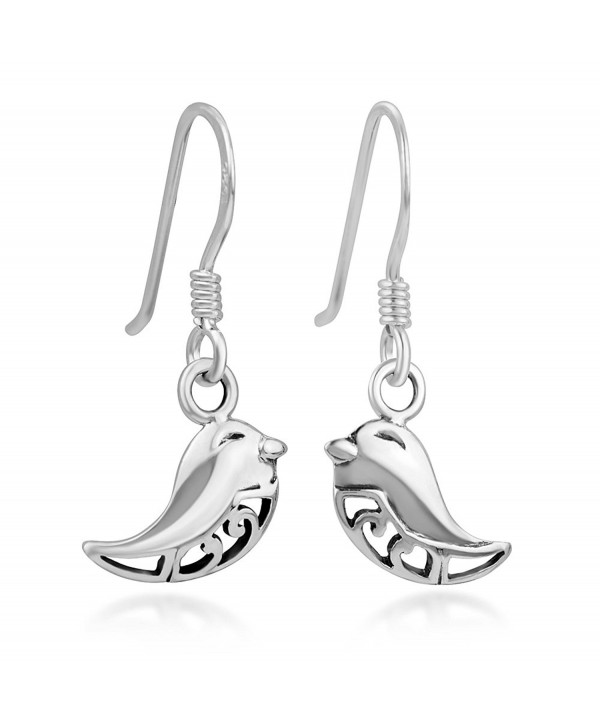 925 Sterling Silver Open Filigree Lovely Little Bird Smiling Dangle Hook Earrings 0.9" - C012DJFE2NP