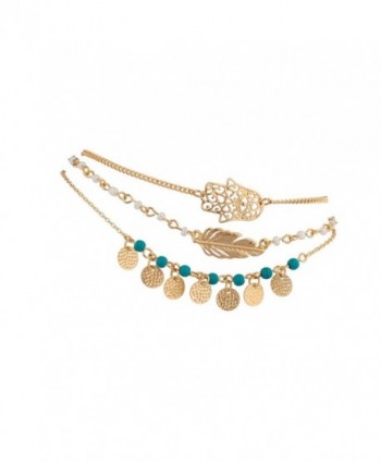 Hamsa Evil Eye Leaf Feather Turquoise Bead BFF Best Friends Forever Anklet Set - Gold - CF11VUAPQG3