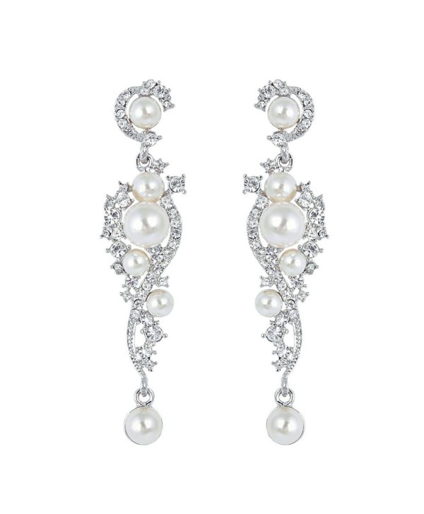 EVER FAITH Women's Austrian Crystal Cream Simulated Pearl Bridal Vine Dangle Earrings Clear - Silver-Tone - CZ11SCFBLOL