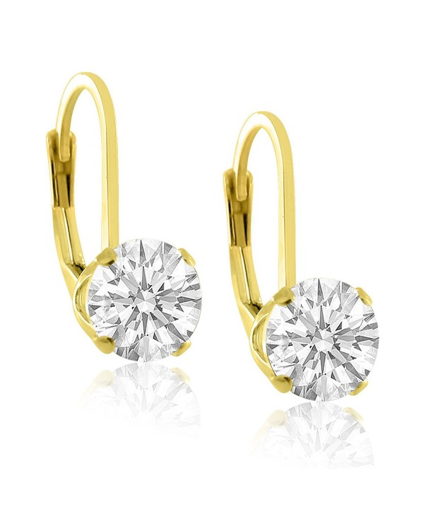 14K Gold Plated Sterling Silver 6mm Brilliant Round White Cubic Zirconia Lever Back Dangling Earrings - CM11YR21ERH