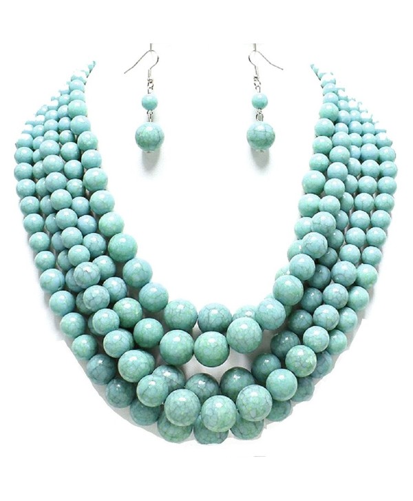 Statement Layered Strands Turquoise Stone-simulated Pearl Beads Necklace Earrings Set Gift Bijoux - C712BT6UO0B