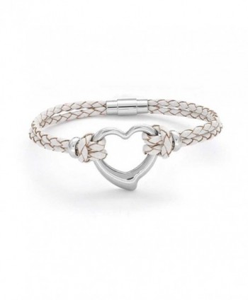Bling Jewelry Stainless Steel Heart White Leather Bracelet Braided Cord - CV11017GCNX