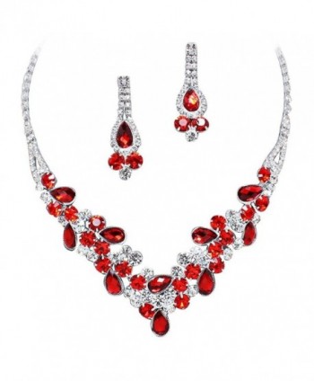 Elegant Red V-Shaped Garland Prom Bridesmaid Evening Necklace Set Silver Tone L1 - CE11P9GNVKX
