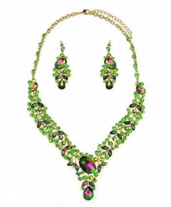 Women's Evening Gala Necklace and Earring Set - Vine Design with Marquise Leaves - Green AB/Gold-Tone - CN12F1I30U9