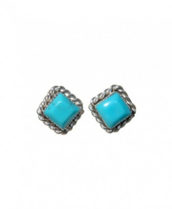 Small Square Stabilized Turquoise Stud Earrings w/ Twist Wire Border Design Original Zuni Indian Jewelry - C9129CIMYXX