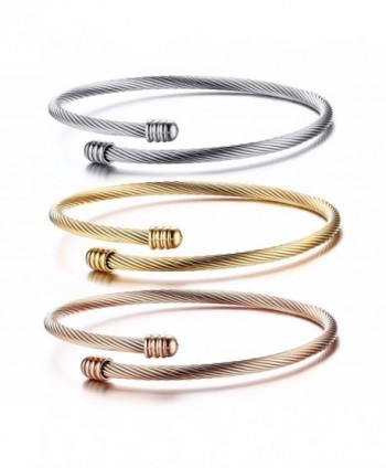 Stainless Steel Triple 3 Stackable Cable Wire Twisted Cuff Bangle Bracelet for Women- Gold/rose /silver - CU12O8K2DEZ