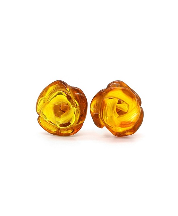 925 Sterling Silver Stud Amber Earrings Rose with Genuine Natural ...