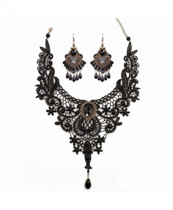 MEiySH Black Lace Gothic Lolita Pendant Choker Necklace Earrings Set - CE1887TLK7U