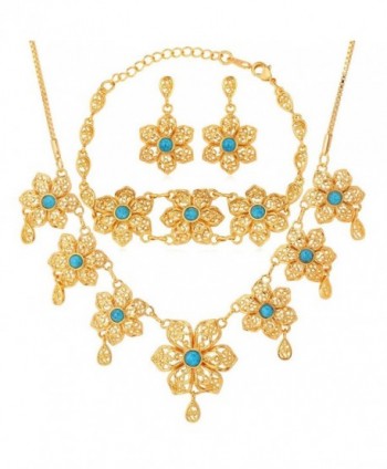 U7 Gold Plated Turquoise Flower Earrings Necklace Bracelet Set for Women - C411Z2ZNXLN