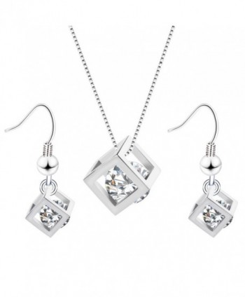 Women's Fashion Jewelry AAA Zircon Embedded Rubik Cube Pendant Necklace Earring Set for Women Teen Girls - Silver - CM12IT6B1W9