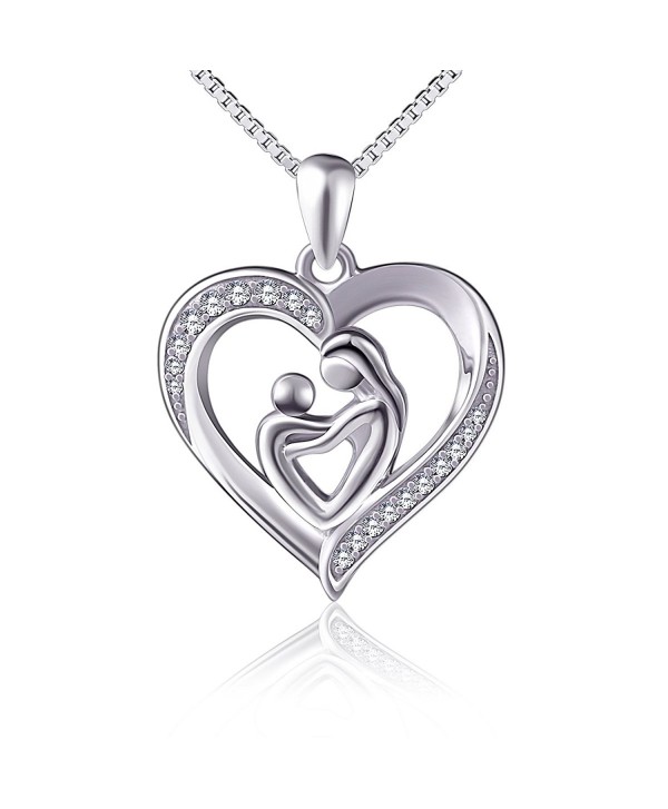 (Mother Holding Child) Sterling Silver Mothers Love Heart CZ Pendant Women Necklace 18" - CZ12N6FO7GA