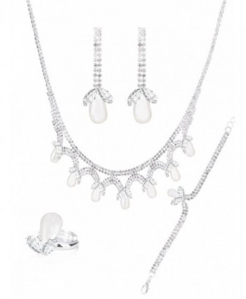 MOOCHI Silver Plated Cubic Zirconia Crystal Necklace Earrings Bracelt Ring Jewelry Set - CA187244KTL