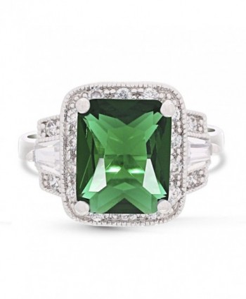 JanKuo Jewelry Rhodium Plated Emerald Cut Green Emerald Color Engagement Ring - CF117QJO53N