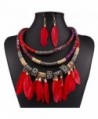 XY Fancy Feather Pendant Multi Layers Tribal Bib Necklace Statement Earring Jewelry Set - Red - CN12BISQZK3